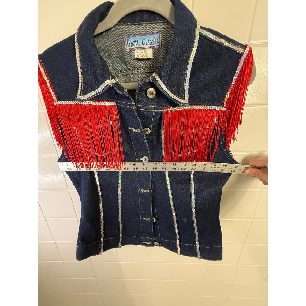 D'Mode Classix Women Blue Denim Vest Red Fringe Sequin Western Cowgirl Large - Picture 4 of 6